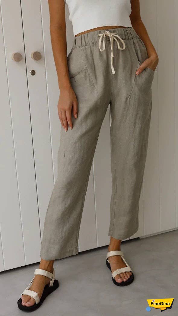 Solid Color Linen Casual Fit Ladies Pants SKP0111