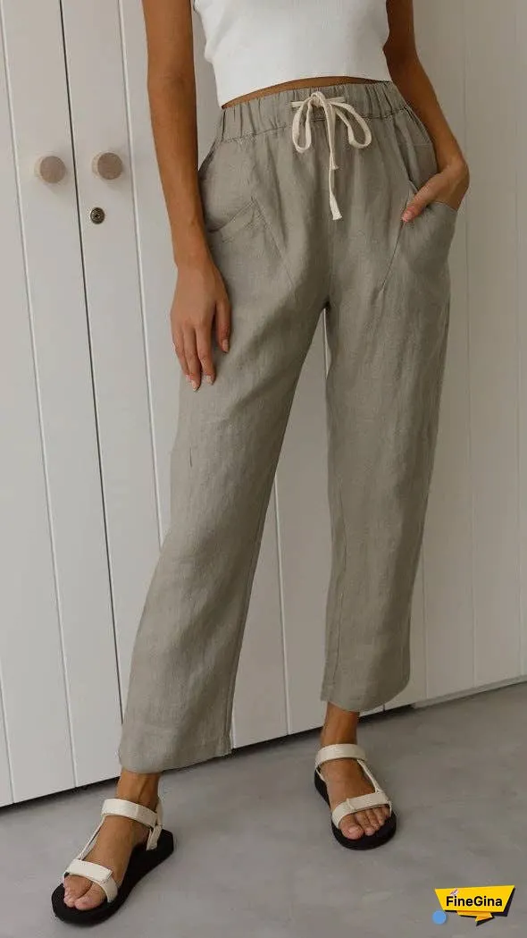 Solid Color Linen Casual Fit Ladies Pants SKP0111