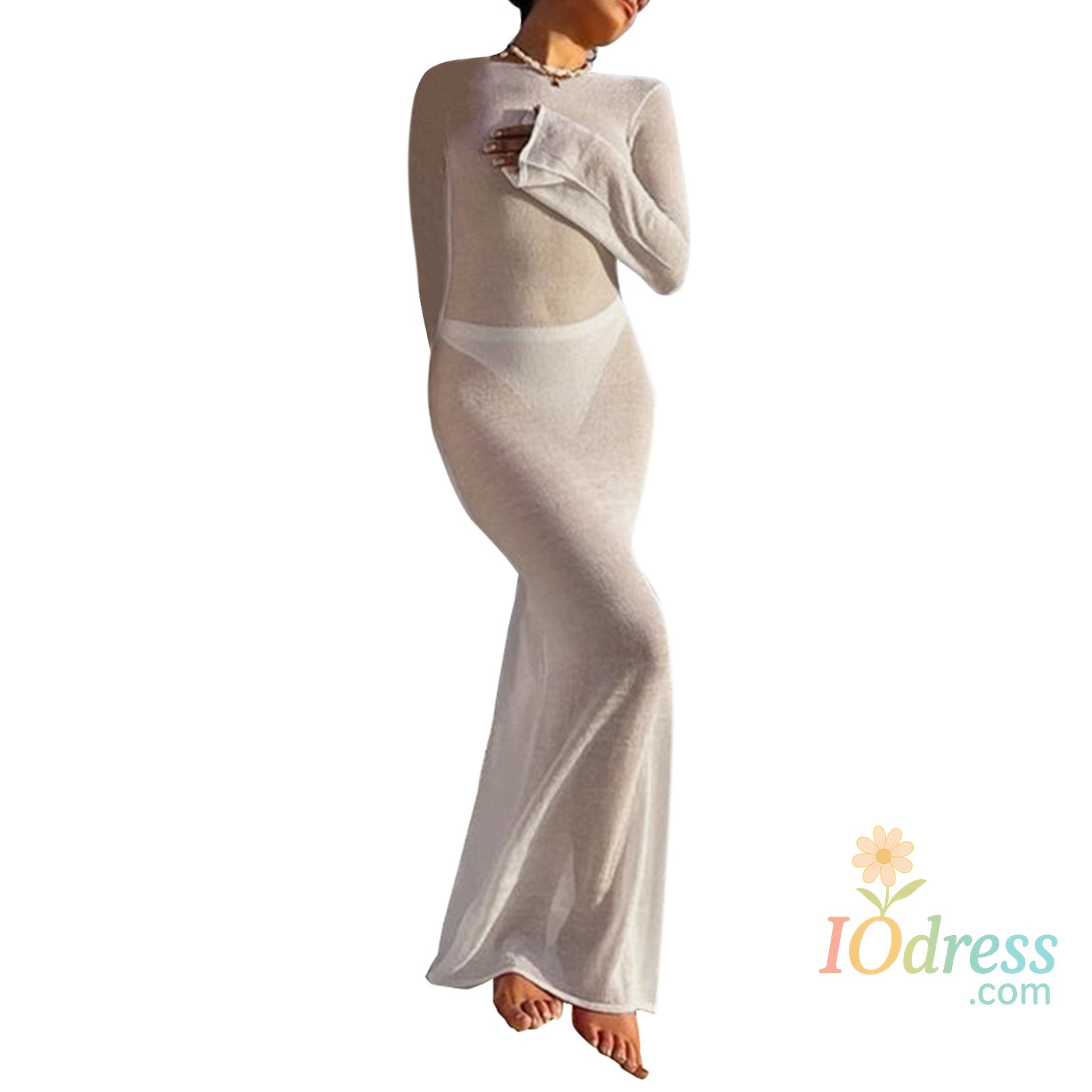 IO Dress Fashion Women Wrapped Dress Long Sleeve Round Neck See Through Sunscreen Solid Color Backless Beach Long Dress Summer Cover Up