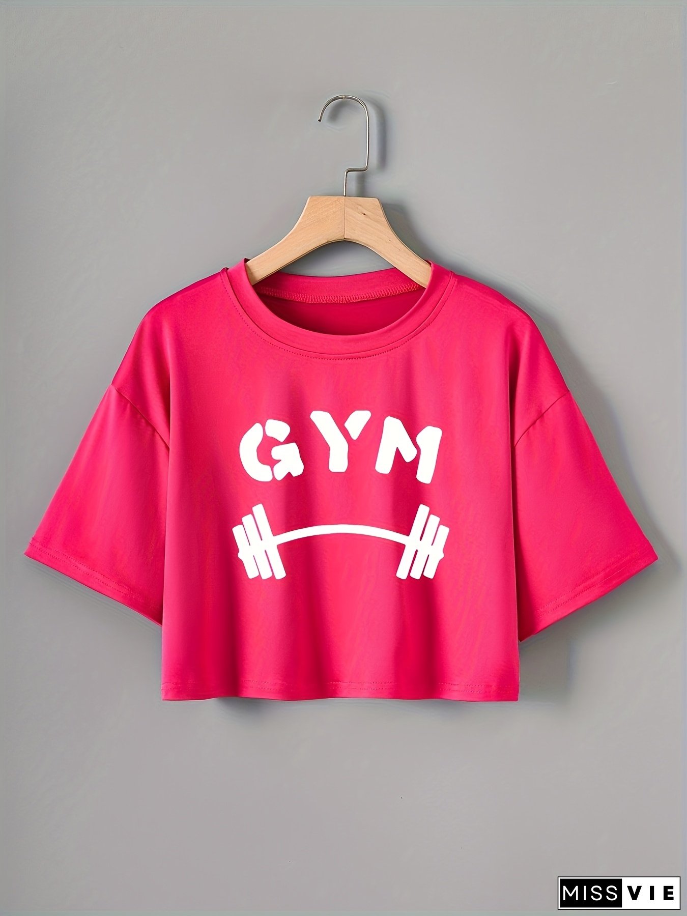 Women's Bright Pink Gym Graphic Print Loose Fit Cropped T-Shirt - Breathable Moisture-Wicking Workout Top with Round Neck for Running, Yoga & Summer Casual Wear, Workout Clothes, Gym Apparel, Durable Sportswear