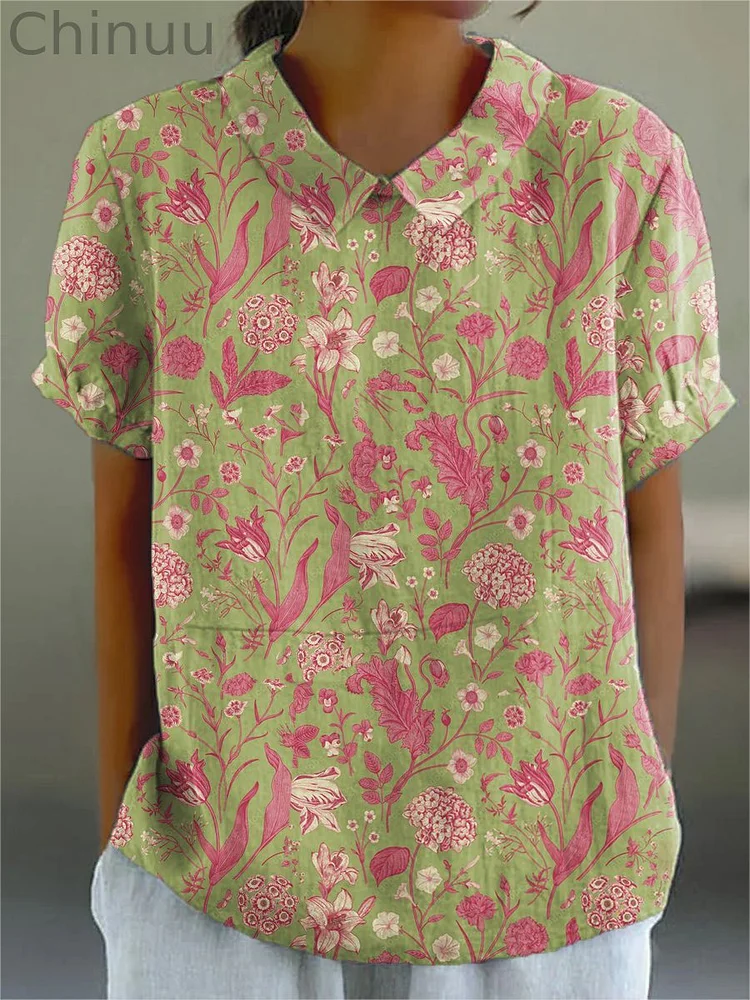Women's  Flower  Art Print Casual Cotton And Linen Shirt