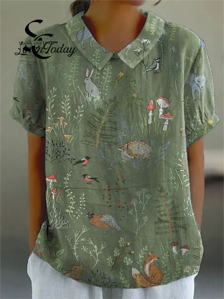 Woodland And Animal Pattern Printed Women's Casual Cotton And Linen Shirt