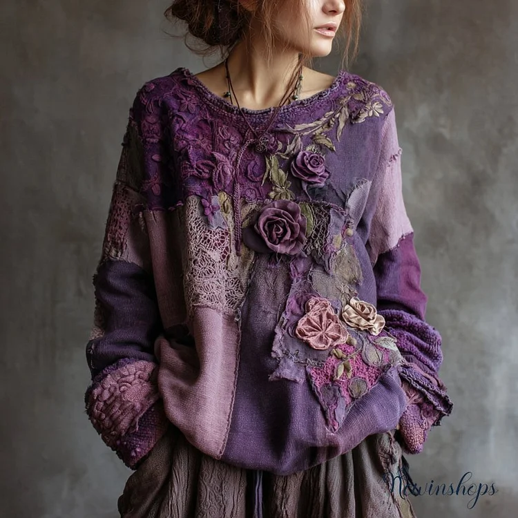 Women's Vintage Floral Patchwork Art Crew Neck Sweatshirt