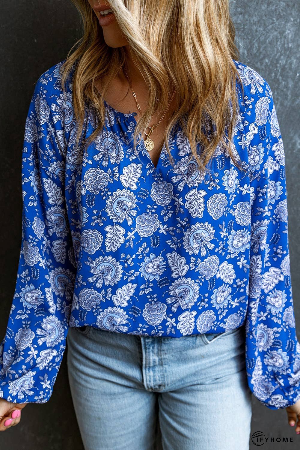 Floral Notched V-Neck Long Sleeve Blouse | IFYHOME