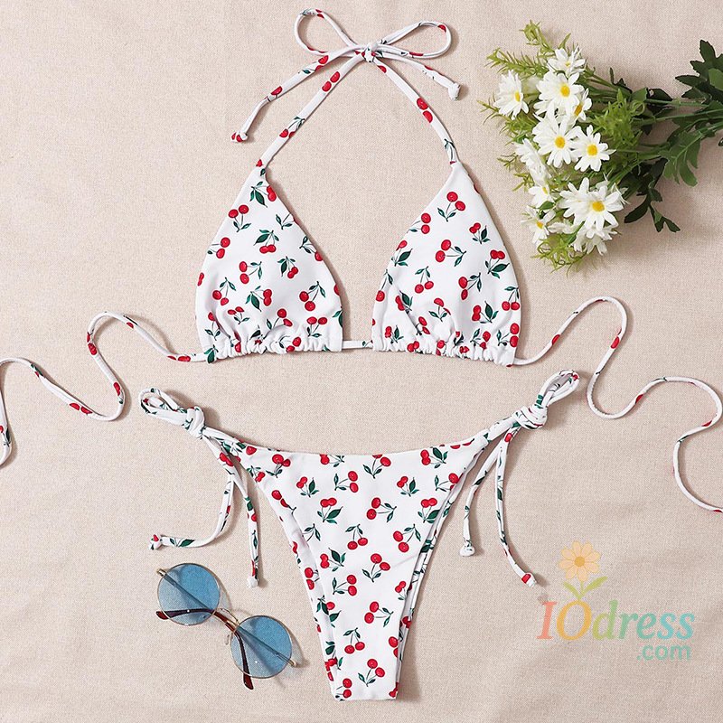 IO Dress Women Frech chic cherry print bikini sets three pieces with mesh skirt swimsuit Swimwear bathing suit beach outfits biquini