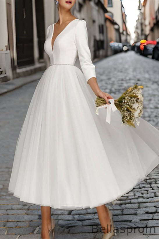 Bellasprom 3/4 Sleeves V-Neck Satin Wedding Dress Tea-Length With Pearls Bellasprom