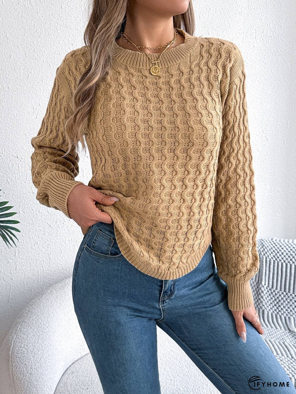 Asymmetric Hem Round Neck Long Sleeve Sweater | IFYHOME