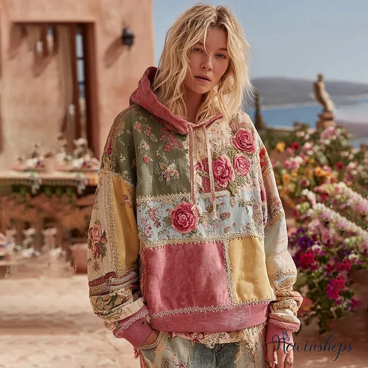 Women's Rose Floral Patchwork Art Cozy Warm Hoodie
