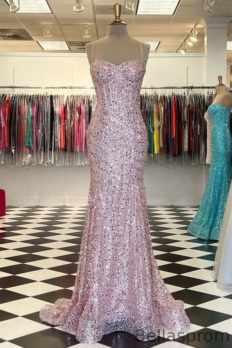 Bellasprom Pink Spaghetti-Straps Sweetheart Sleeveless Mermaid Prom Dress With Sequins Bellasprom