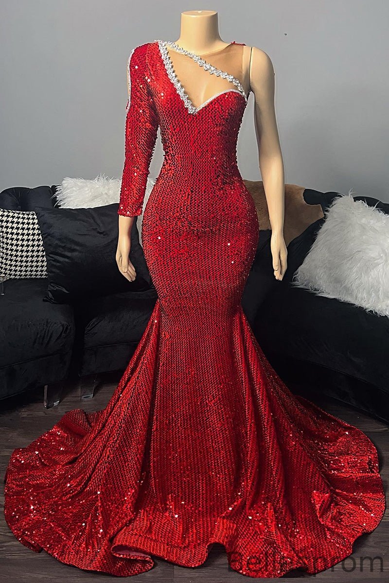 Bellasprom Red Sequins Prom Dress Mermaid Long Sleeve One Shoulder With Beads Bellasprom