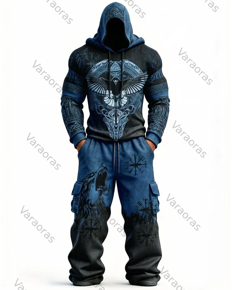 Men's Fashion Viking Contrast Color Embroidered Hoodie & Pants Two-Piece Set 6099
