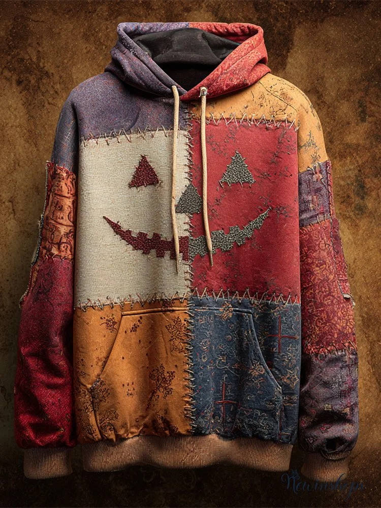 Halloween Pumpkin Emoji Stitching Irregular Patchwork Men's Hoodie