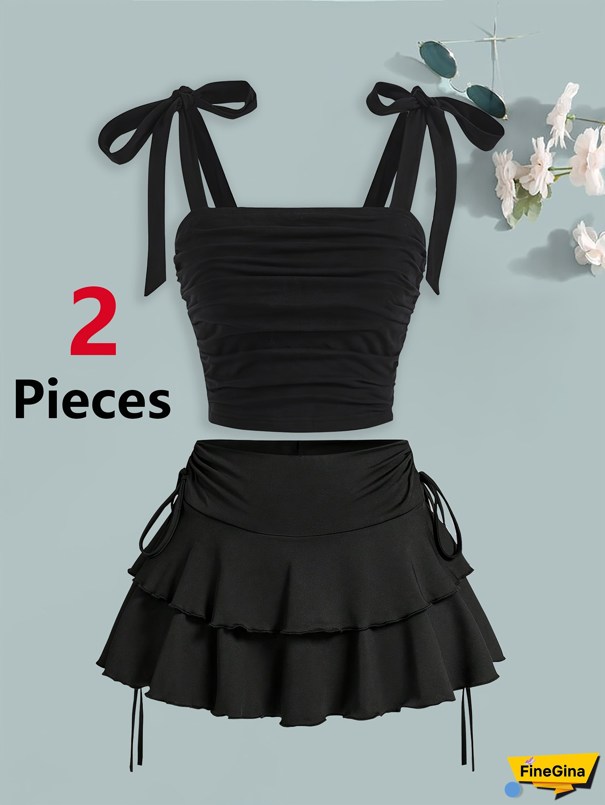 2pcs Women‘s Spring/Summer Outfit - Light Blue Bow Tie Cami Top & White Tiered Skirt Set, Cute Solid Color, Strapless, Multi-Layer Drawstring, Sexy Shorts, Casual Attire|Playful Style|Strapless Top, Cami Top And Bodice Set