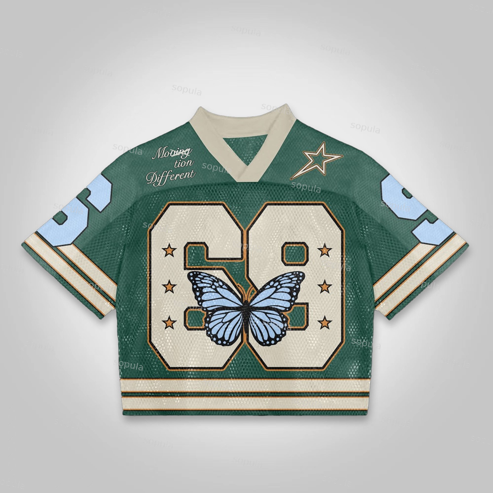 Vintage Motion Different 69 In Motion Club With Butterfly Graphics Blokecore Blokette Cropped V-neck Jersey T-shirt