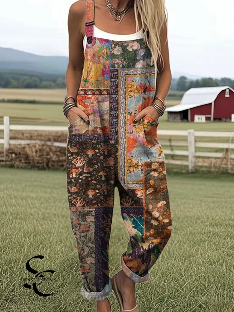 Women's  Patchwork Floral Art Print Casual 100% Cotton Wide Leg Jumpsuit