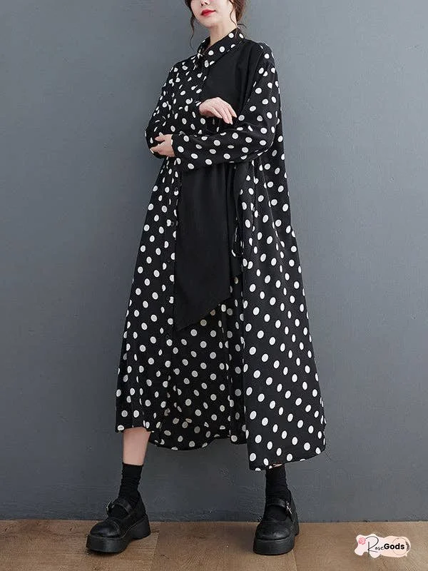 Literary Polka Dot Print Splicing Midi Dress
