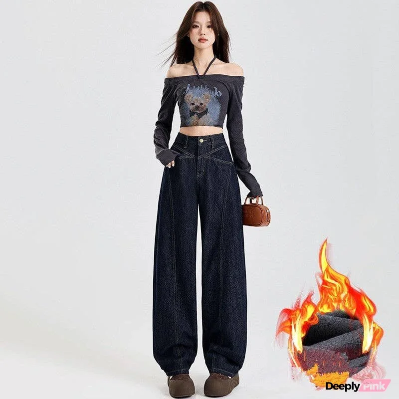 Velvet Solid Color Retro Wide Leg Jeans