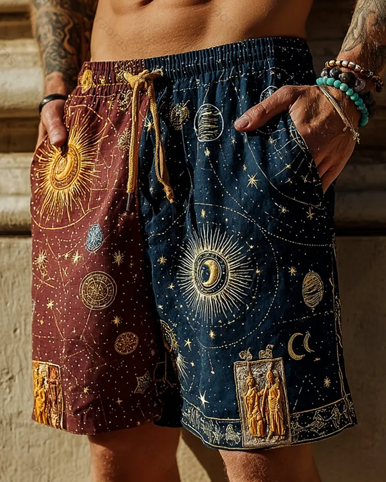 Men's Summer Fashion Linen Shorts with Star and Moon Embroidery 1766