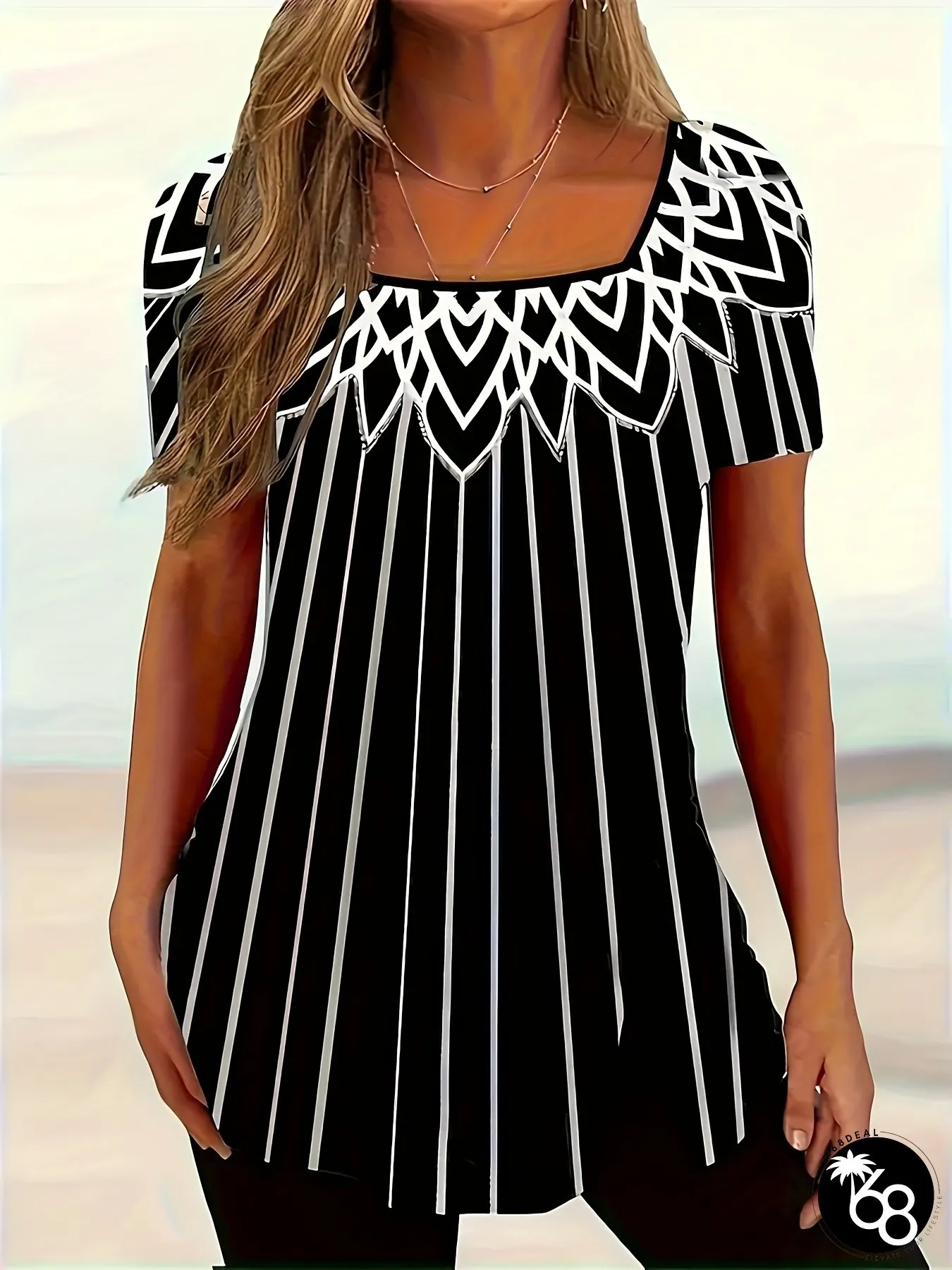 Womens Summer Casual T-Shirt Black White Striped Pattern Square Neckline Polyester | 168DEAL