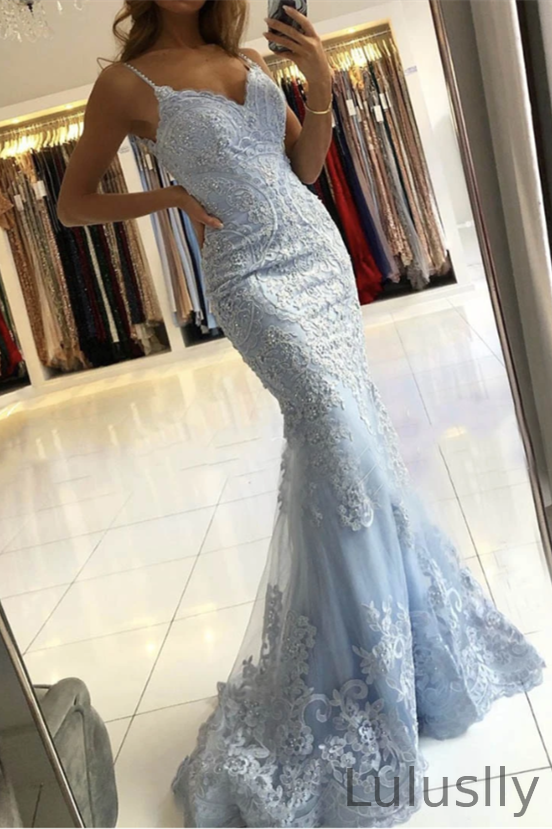 Luluslly Sky Blue Spaghetti-Straps Mermaid Evening Dress Lace Appliques