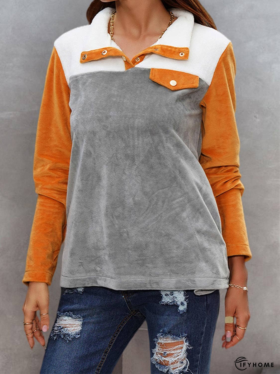 Color Block Collared Sweatshirt with Pockets | IFYHOME