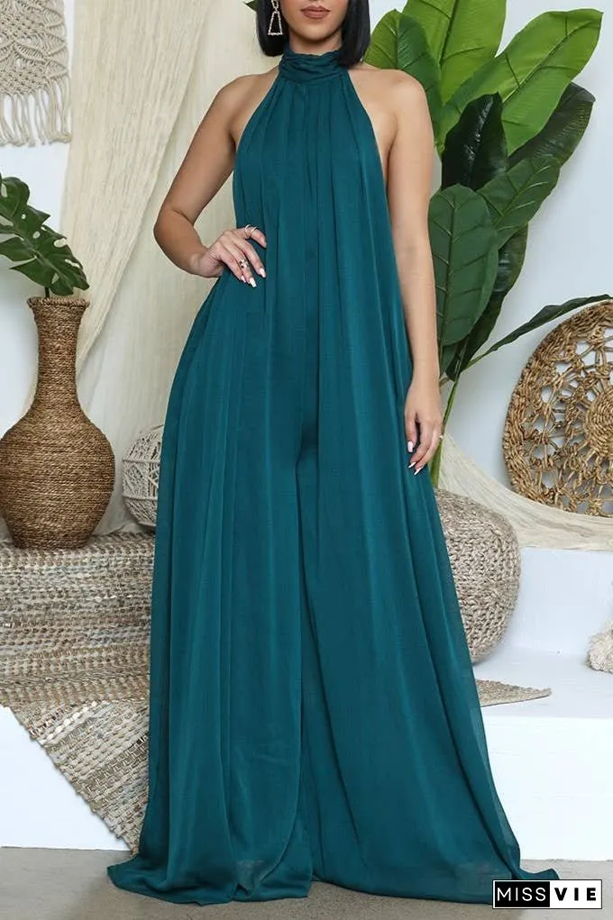 SS/24 chiffon halter backless pleated wide leg jumpsuit
