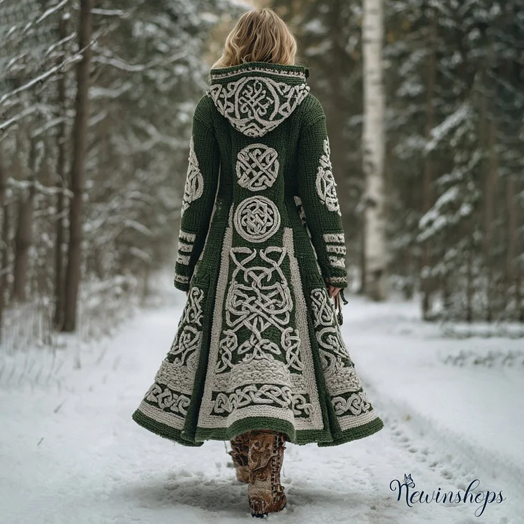 Women's Viking Celtic Knot Pattern Knit Hooded Long Sweater Coat