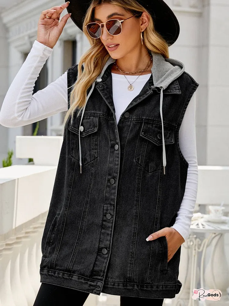 Drawstring Pocketed Button Up Sleeveless Denim Jacket