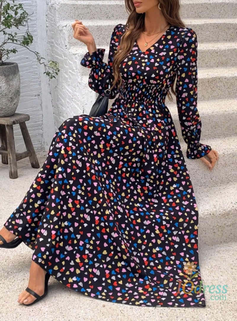 IO Dress Women's Fashion Vintage and Elegant Long Autumn Dress Floral Print V-neck Cover Waist Cinched Lantern Sleeves A-line Maxi Dress