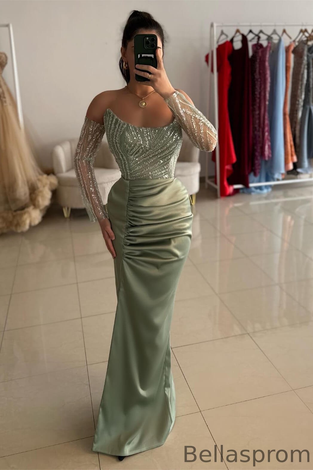 Bellasprom Dusty Sage Strapless Mermaid Prom Dress With Split Sequins Beads Bellasprom