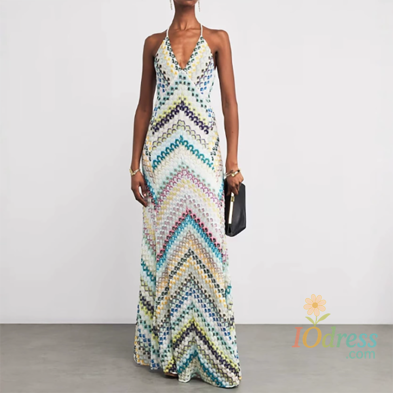 IO Dress Trendy Contrast Color Suspender Dress Sexy V-neck Sleeveless Slim Beach Vacation Dress Lady High Waist Casual Commute Long Dress