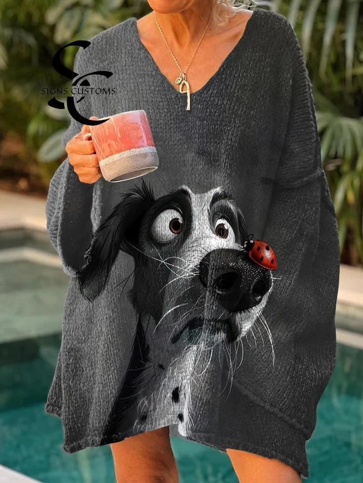 Retro-Style Pullover Sweater with Hound Dog and Ladybug Prints