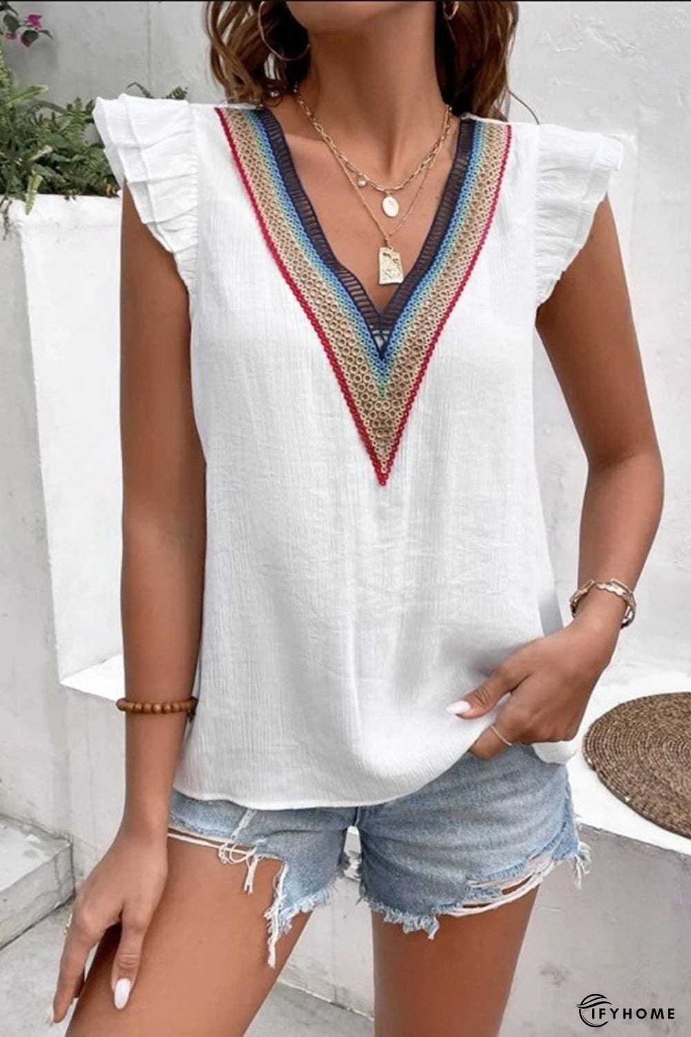 Full Size Ruffled V-Neck Cap Sleeve Blouse | IFYHOME