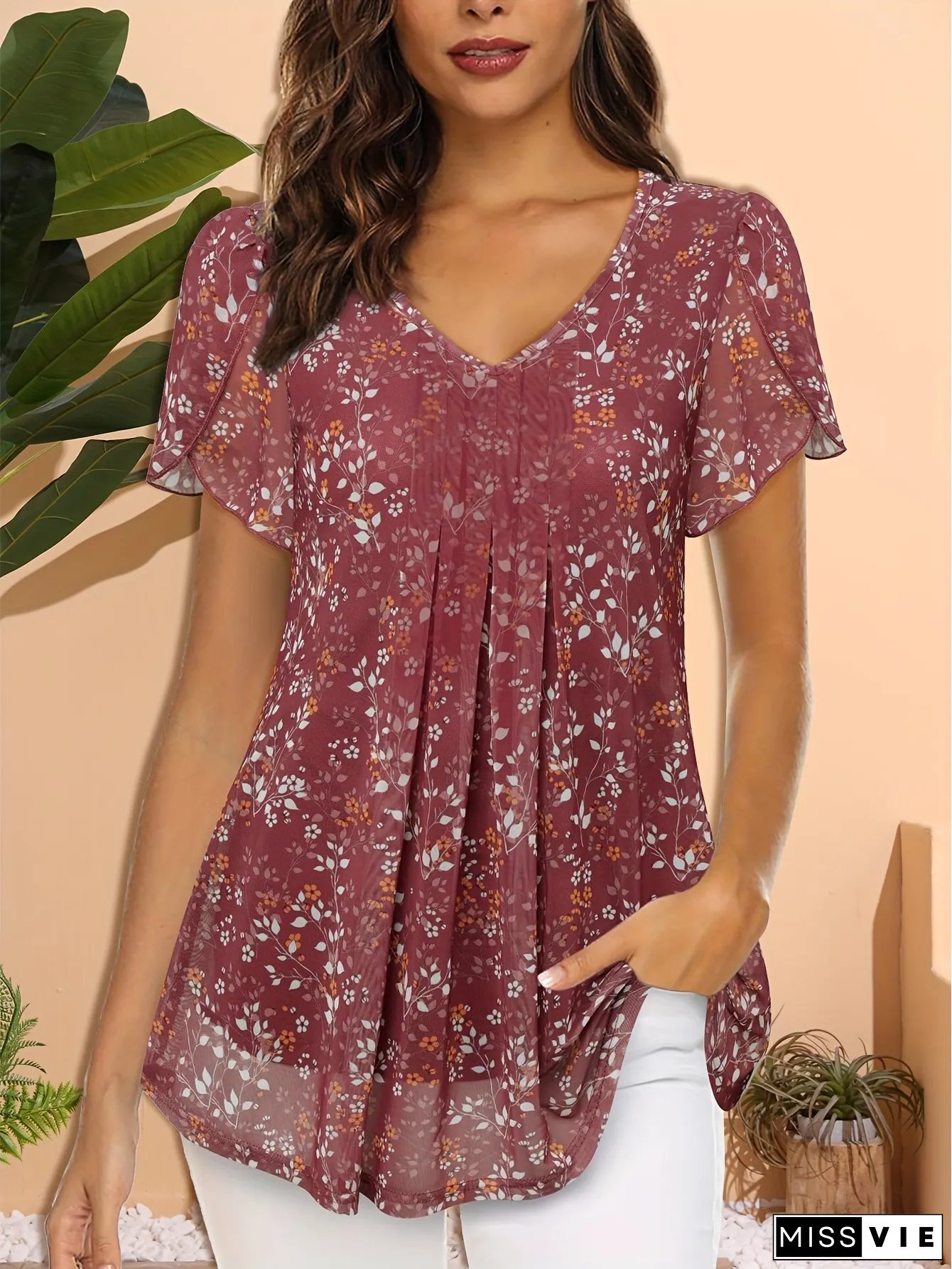 Women&lsquo;s Tops Short Sleeve Shirts Casual V Neck Blouse Double Layers Mesh Tunics Tops