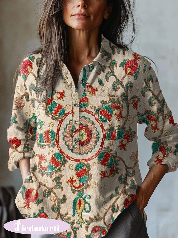 Women's   Floral  Art Print Casual Cotton And Linen Shirt