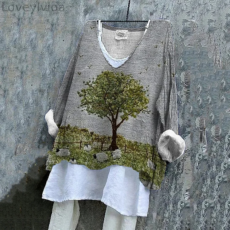 Vintage Farm Floral Sheep V Neck Linen Blend Shirt