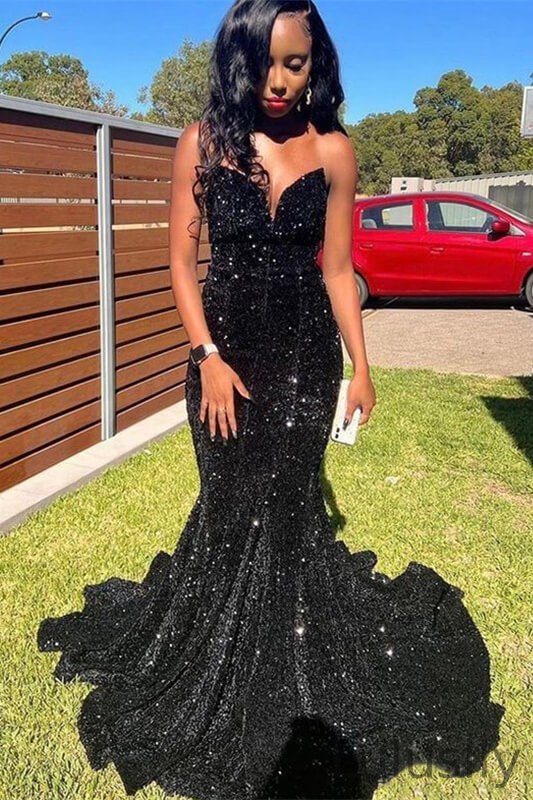 Luluslly Black Sleeveless Mermaid Evening Dress Sweetheart With Sequins  On Sale