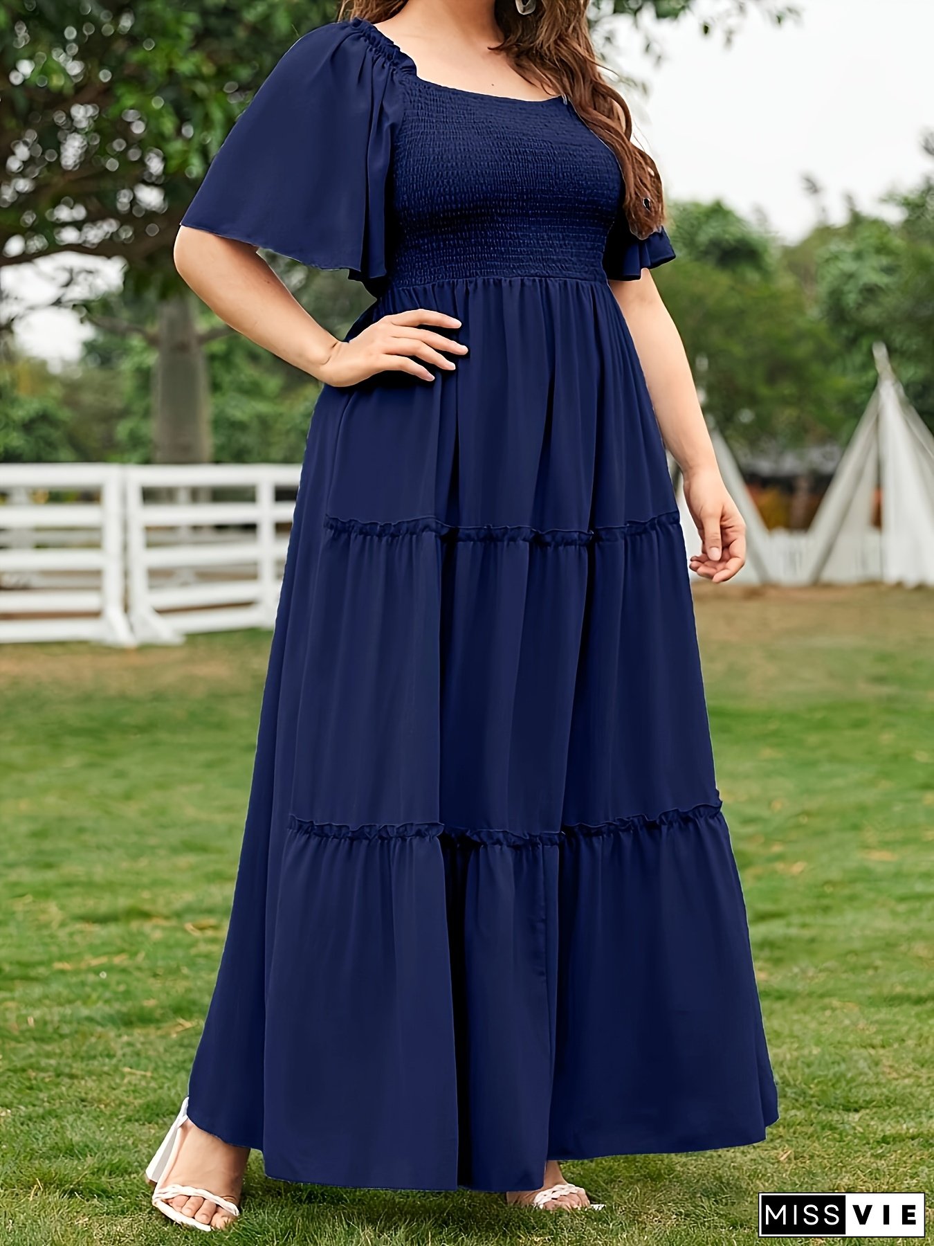 Women's Elegant Casual Smocked Waist Dress - Square Neck Short Sleeve A-Line Midi Dress With H-Line Silhouette, Soft Breathable Fabric For Vacation, Brunch & Casual Outings, Vacation Outfit, Textured Detail