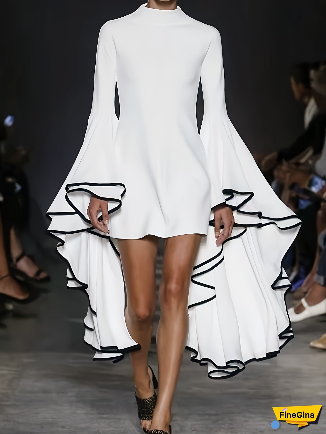 Women's Elegant Bell Sleeve Dress with Contrast Trim - Solid Color A-Line Short Dress, Stand-Up Collar & Machine Washable for Spring Summer Fall, Occasion Wear | Playful Design | Voluminous Fabric, Cute Dresses