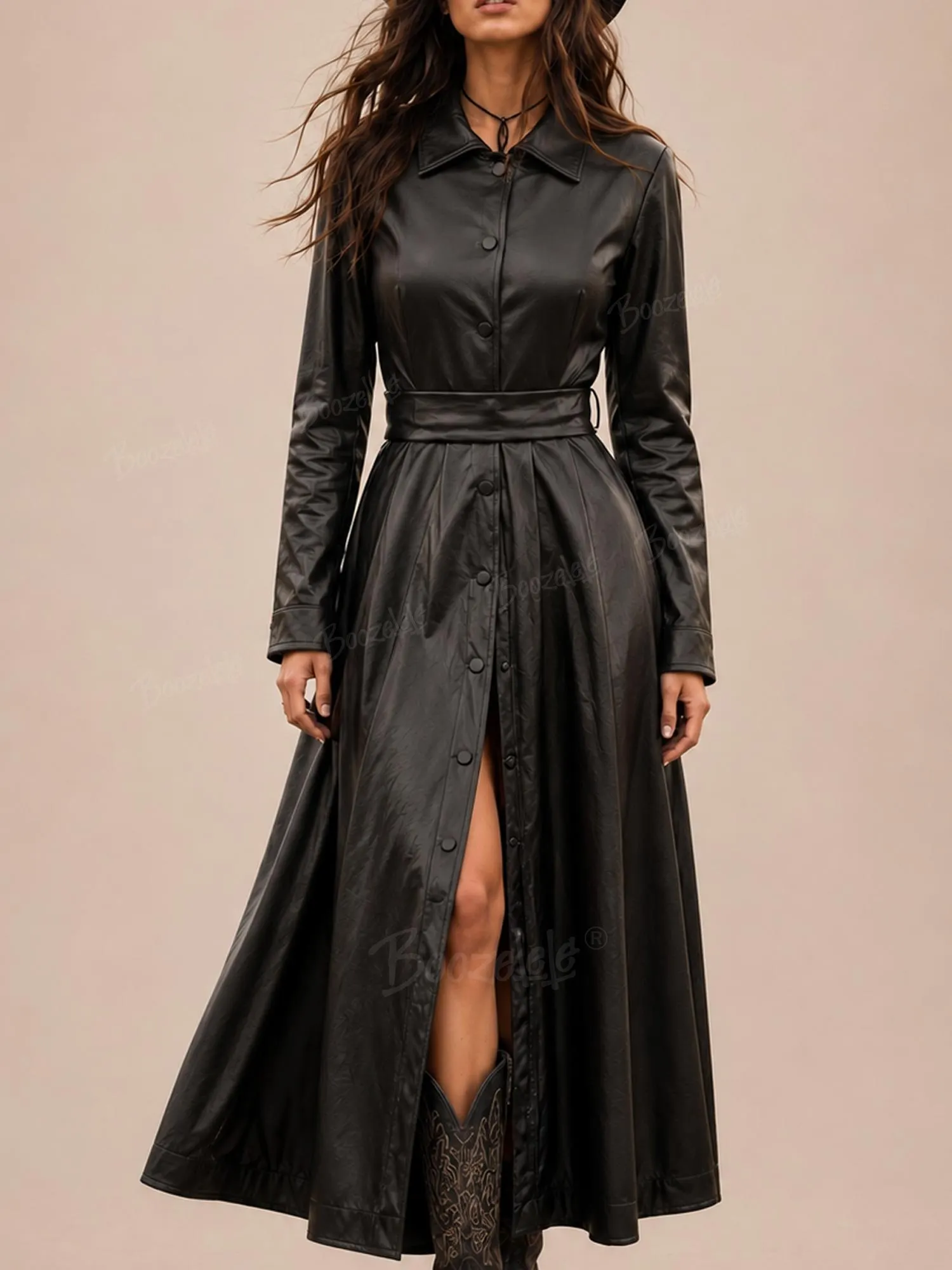 Perfect for Country Concert Outfits &mdash; Black Button-Down Belted Long Sleeve Faux Leather Women Shirt Maxi Dress