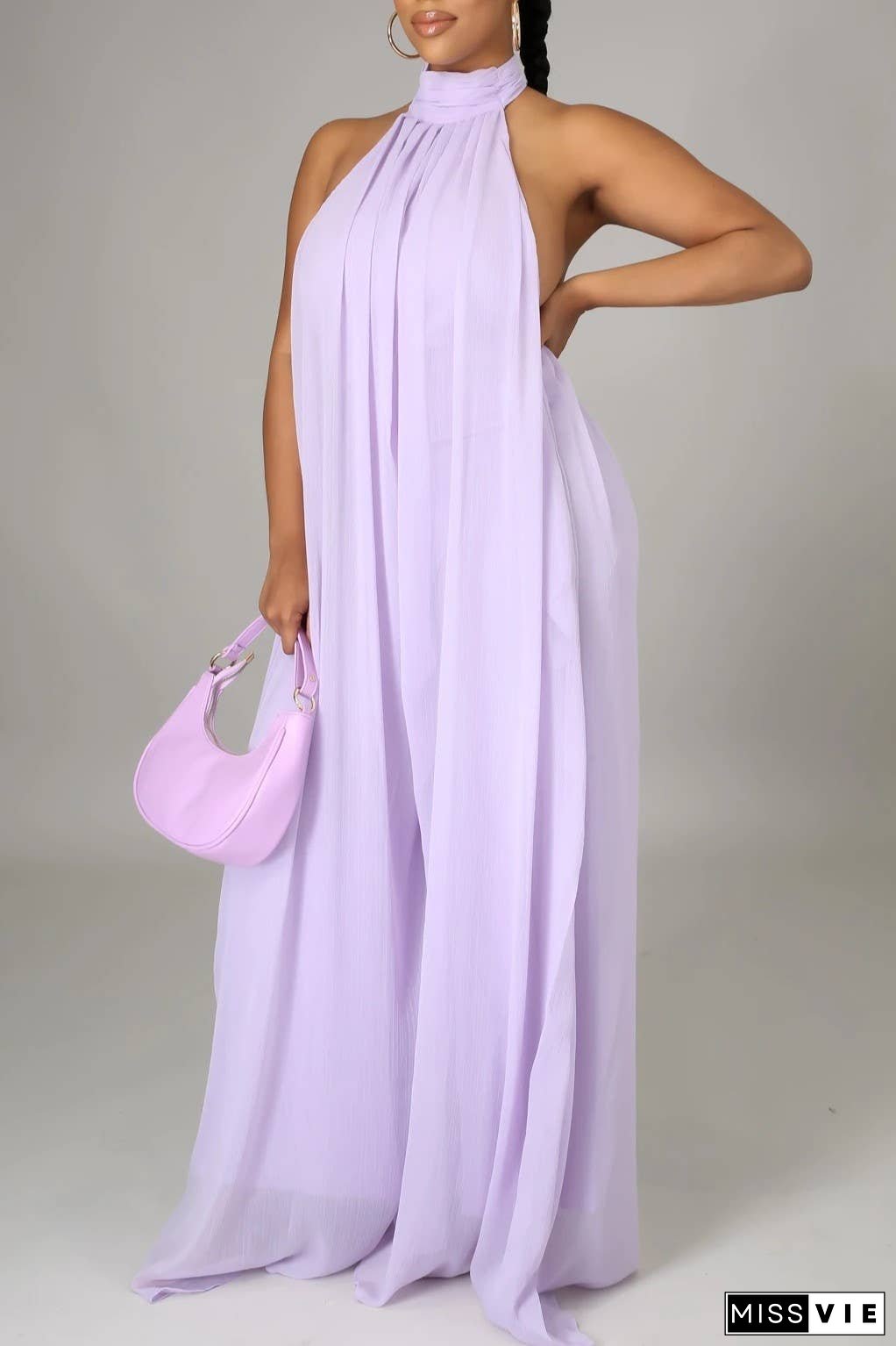 SS/24 chiffon halter backless pleated wide leg jumpsuit