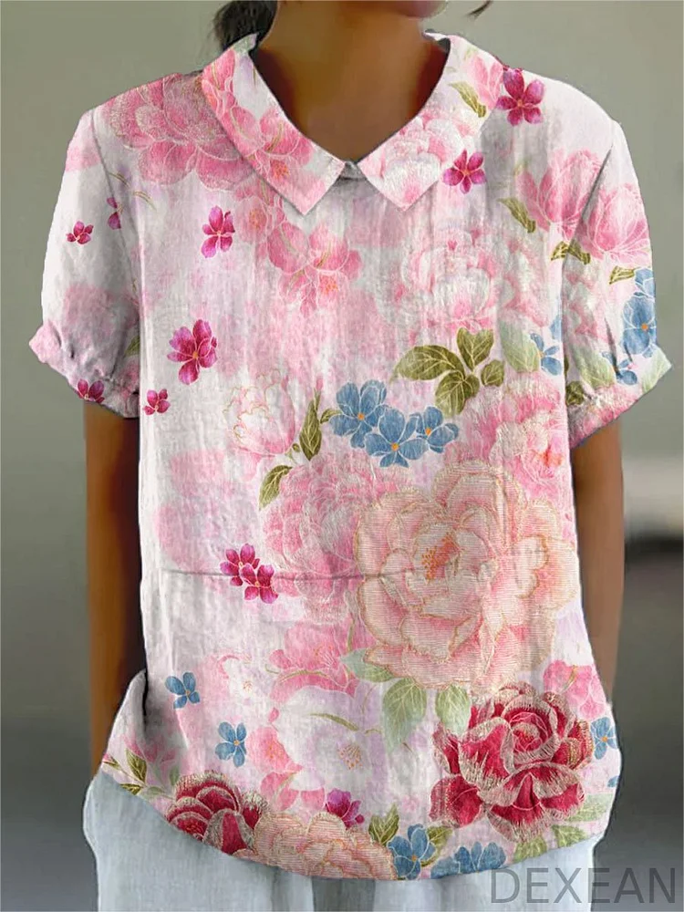Women's Vintage Flower Print Casual Cotton And Linen Shirt