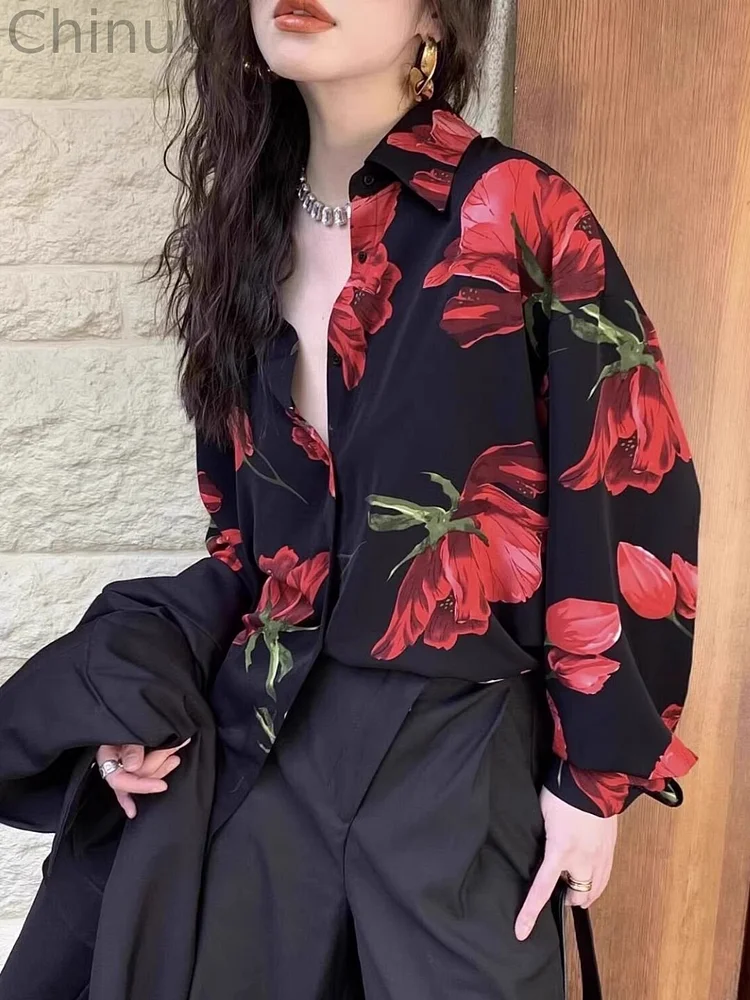 Rose Print Loose Short-sleeved Shirt