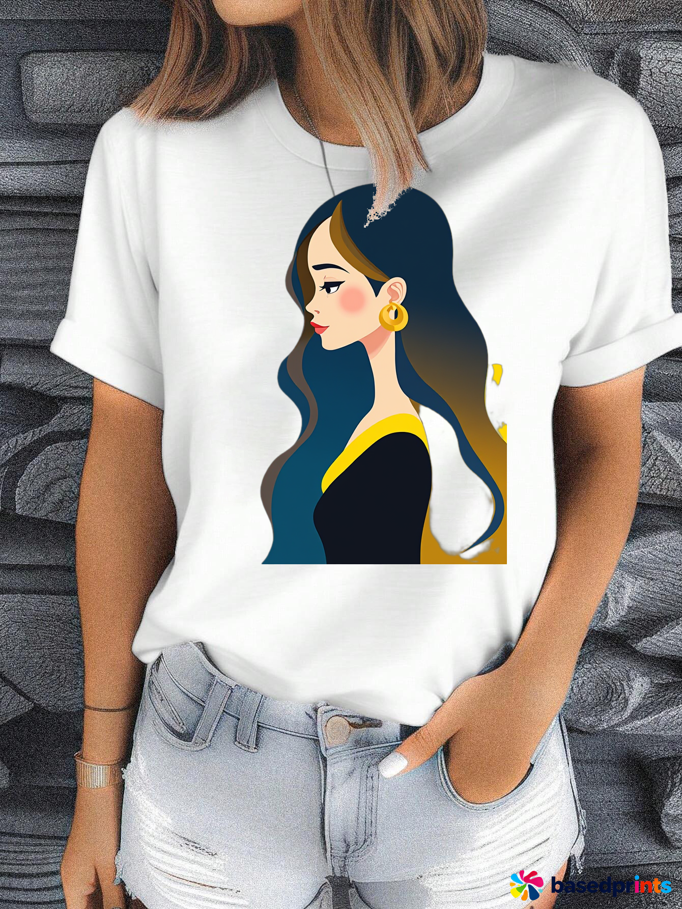 White Short Sleeve T-Shirt with Cartoon Girl Print