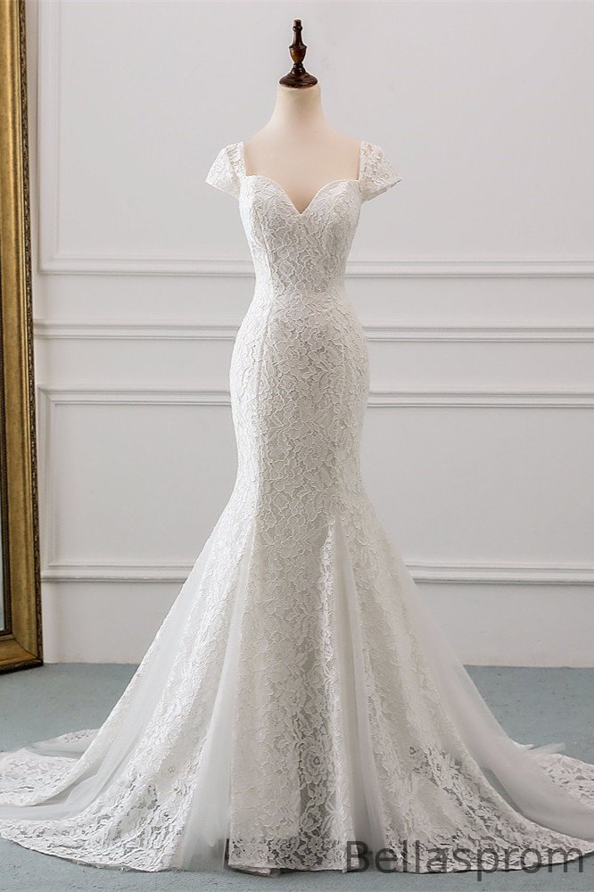 Bellasprom Amazing Sweetheart Lace Long Mermaid Wedding Gown Cap Sleeves Bellasprom