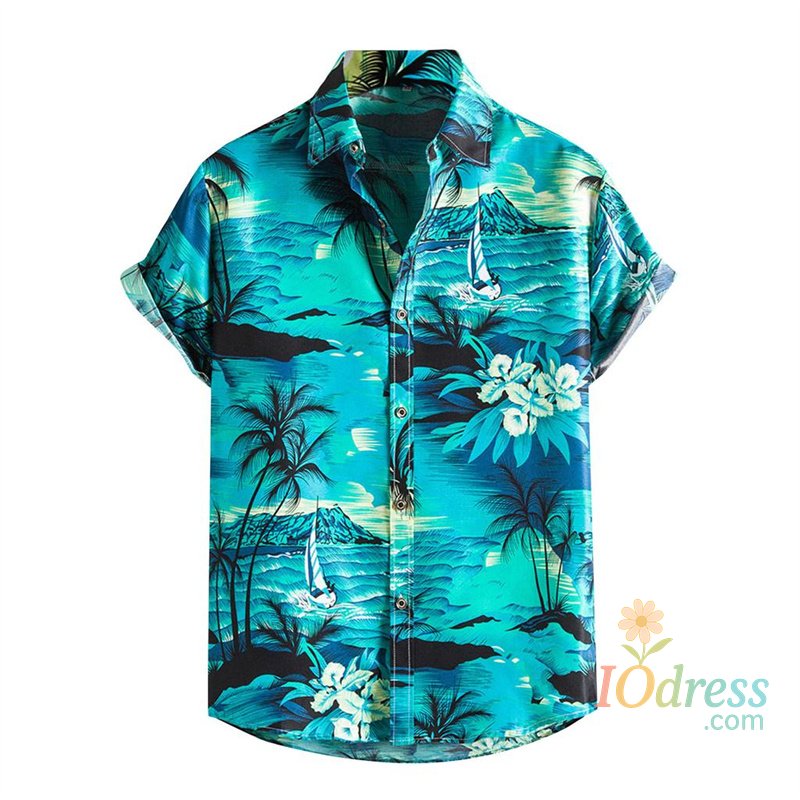 IO Menswear Popular Summer Hawaiian Shirt Men Cool 3d Printing Flower Leaves Shirts Lapel Collar Short Sleeves Button Beach Blouse Clothes