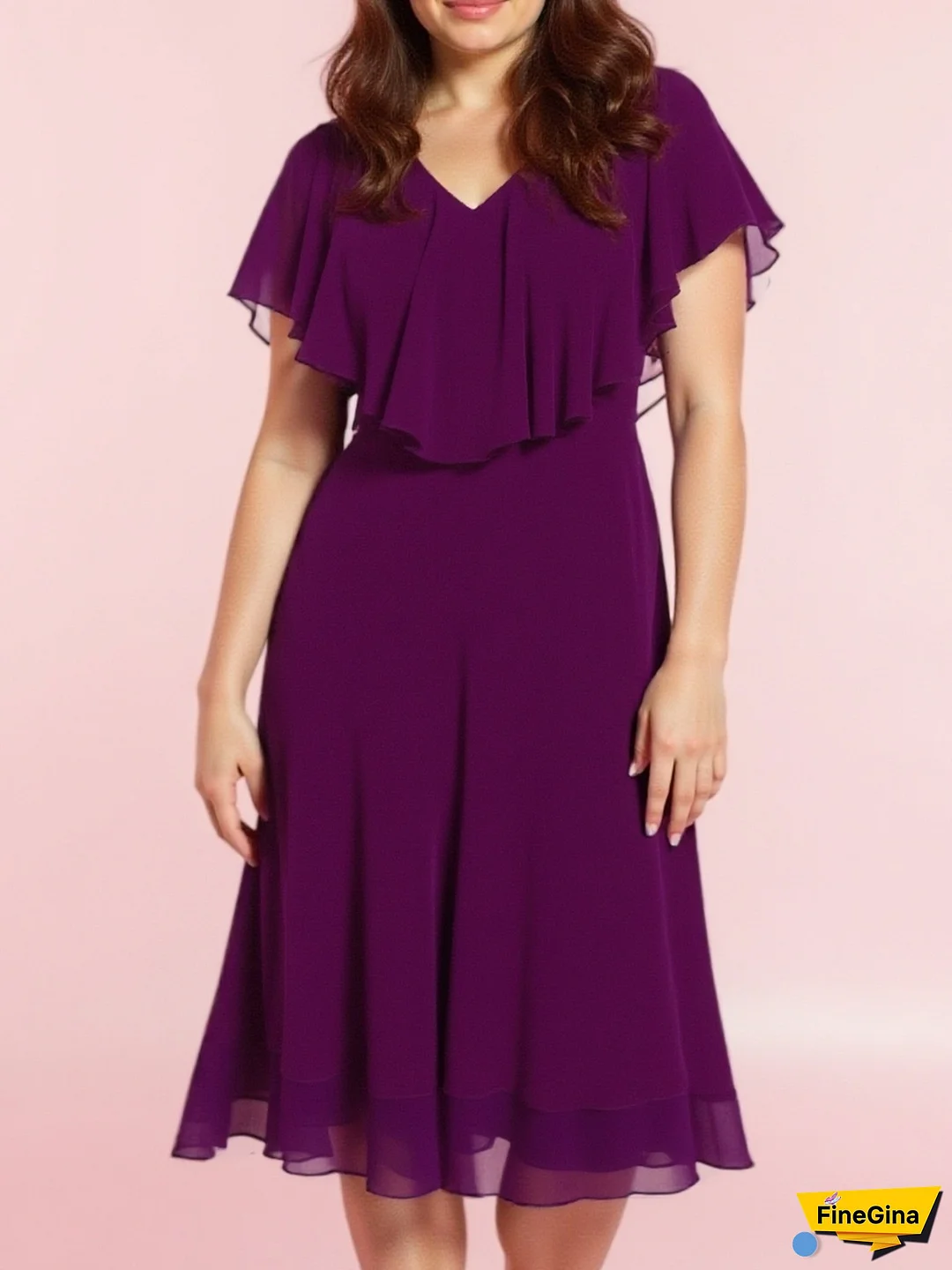[Purple Plus Size Dress] Rich Purple Plus Size Women's Elegant Formal Dress | V-Neck with Waist Accent, Flowy Party Wedding Guest Outfit, Machine Washable Non-Stretchy Chiffon, Soft Pleated Skirt, Feminine Style, Lightweight Material