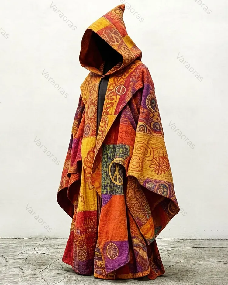 Men's Summer Fashion Hippie Style Star and Moon Embroidered Linen Cardigan Hooded Cape  6607