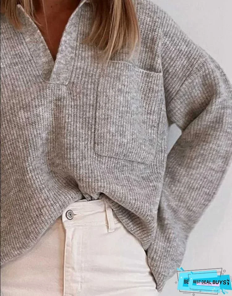 Plus Size, Women's Oversized V-Neck Sweater Jacket-like Blazer Look - Large Size Casual Winter Warm Lapel Collar, Chest Pocket, Wrinkle-Resistant (Machine Washable) Solid Color Fall/Winter Outerwear, Versatile for Jeans or Dresses