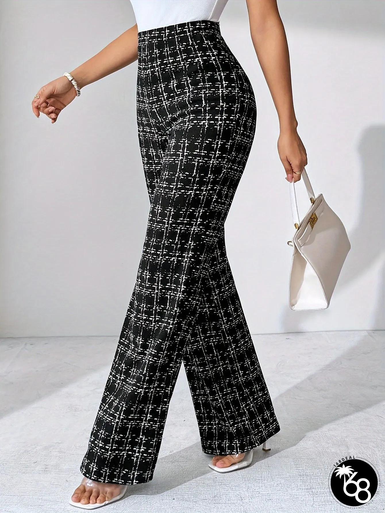 Womens Black White Plaid Straight Leg Pants Houndstooth Pattern Trousers for Spring Summer | 168DEAL
